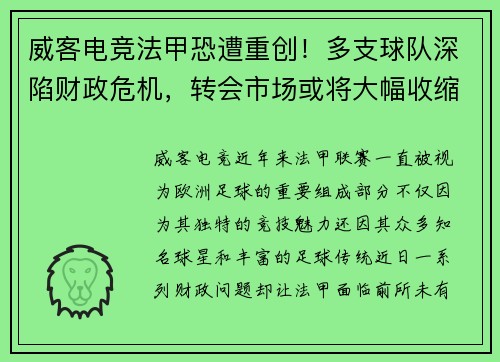 威客电竞法甲恐遭重创！多支球队深陷财政危机，转会市场或将大幅收缩