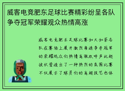 威客电竞肥东足球比赛精彩纷呈各队争夺冠军荣耀观众热情高涨