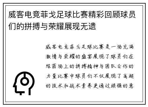威客电竞菲戈足球比赛精彩回顾球员们的拼搏与荣耀展现无遗