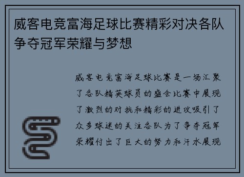 威客电竞富海足球比赛精彩对决各队争夺冠军荣耀与梦想