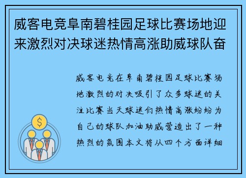 威客电竞阜南碧桂园足球比赛场地迎来激烈对决球迷热情高涨助威球队奋勇争先