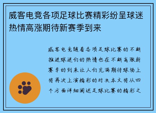 威客电竞各项足球比赛精彩纷呈球迷热情高涨期待新赛季到来