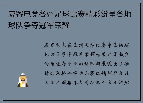 威客电竞各州足球比赛精彩纷呈各地球队争夺冠军荣耀