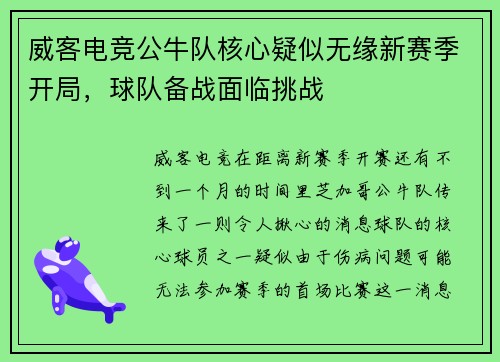 威客电竞公牛队核心疑似无缘新赛季开局，球队备战面临挑战