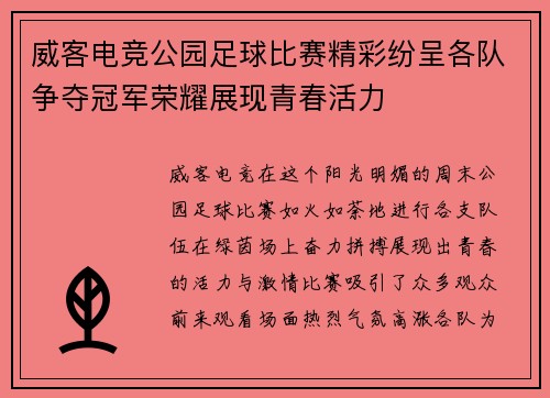 威客电竞公园足球比赛精彩纷呈各队争夺冠军荣耀展现青春活力