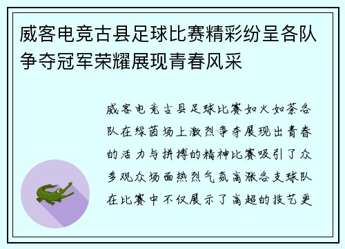 威客电竞古县足球比赛精彩纷呈各队争夺冠军荣耀展现青春风采