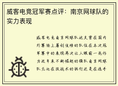 威客电竞冠军赛点评：南京网球队的实力表现