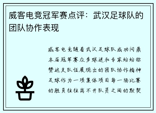 威客电竞冠军赛点评：武汉足球队的团队协作表现