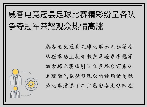 威客电竞冠县足球比赛精彩纷呈各队争夺冠军荣耀观众热情高涨
