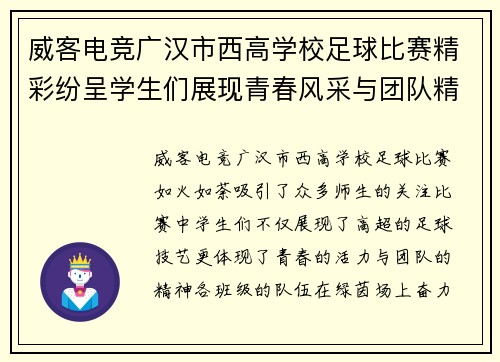 威客电竞广汉市西高学校足球比赛精彩纷呈学生们展现青春风采与团队精神