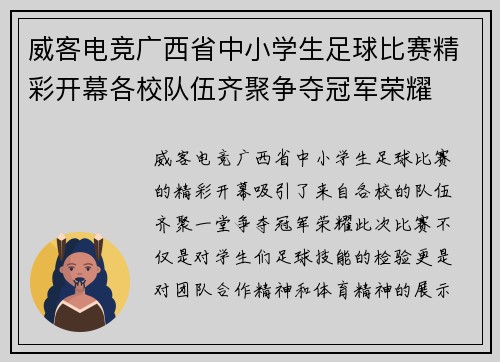 威客电竞广西省中小学生足球比赛精彩开幕各校队伍齐聚争夺冠军荣耀