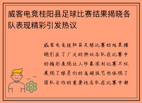 威客电竞桂阳县足球比赛结果揭晓各队表现精彩引发热议