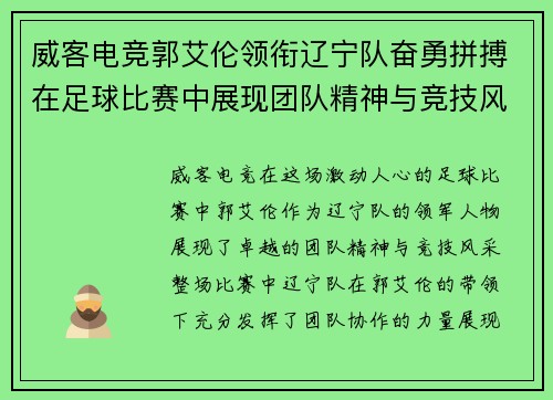 威客电竞郭艾伦领衔辽宁队奋勇拼搏在足球比赛中展现团队精神与竞技风采