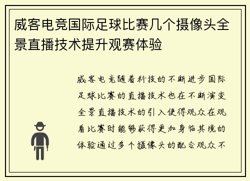 威客电竞国际足球比赛几个摄像头全景直播技术提升观赛体验
