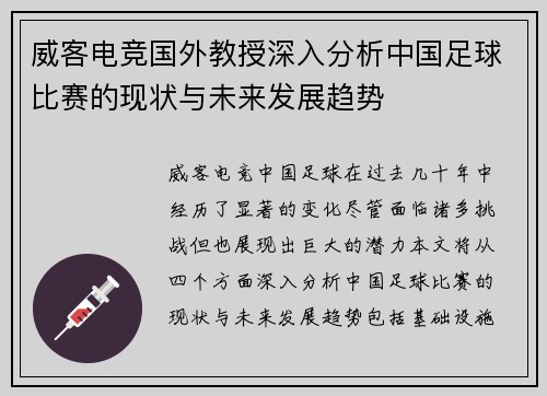 威客电竞国外教授深入分析中国足球比赛的现状与未来发展趋势