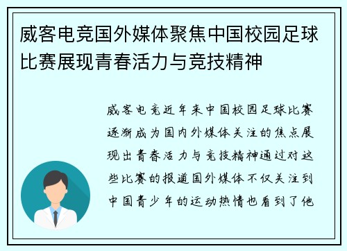 威客电竞国外媒体聚焦中国校园足球比赛展现青春活力与竞技精神