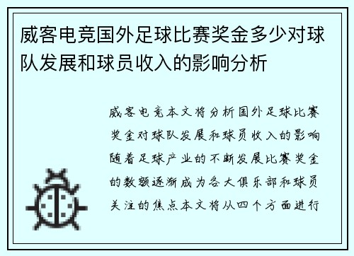 威客电竞国外足球比赛奖金多少对球队发展和球员收入的影响分析