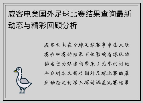 威客电竞国外足球比赛结果查询最新动态与精彩回顾分析