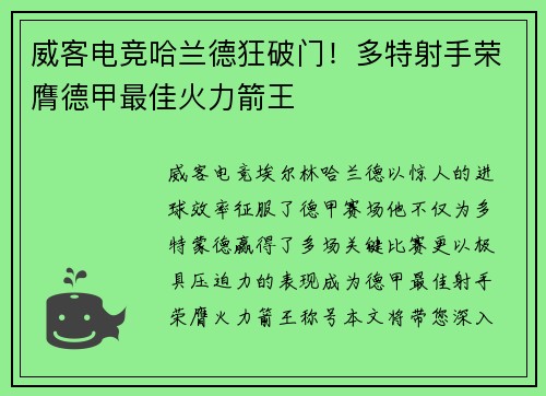 威客电竞哈兰德狂破门！多特射手荣膺德甲最佳火力箭王