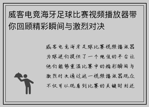 威客电竞海牙足球比赛视频播放器带你回顾精彩瞬间与激烈对决