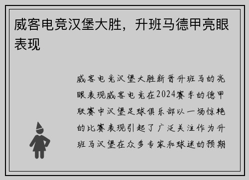 威客电竞汉堡大胜，升班马德甲亮眼表现