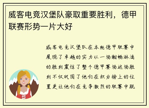 威客电竞汉堡队豪取重要胜利，德甲联赛形势一片大好