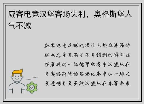 威客电竞汉堡客场失利，奥格斯堡人气不减