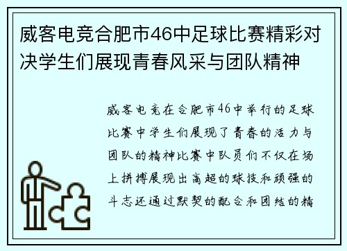 威客电竞合肥市46中足球比赛精彩对决学生们展现青春风采与团队精神