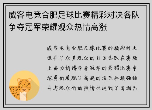 威客电竞合肥足球比赛精彩对决各队争夺冠军荣耀观众热情高涨