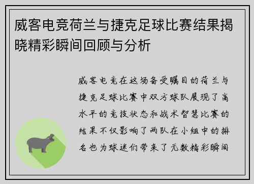 威客电竞荷兰与捷克足球比赛结果揭晓精彩瞬间回顾与分析