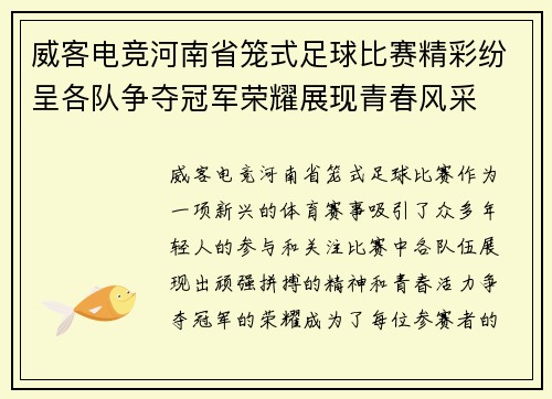 威客电竞河南省笼式足球比赛精彩纷呈各队争夺冠军荣耀展现青春风采