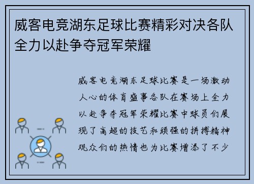 威客电竞湖东足球比赛精彩对决各队全力以赴争夺冠军荣耀