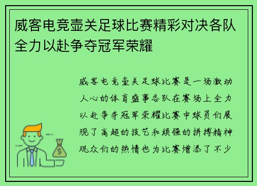 威客电竞壶关足球比赛精彩对决各队全力以赴争夺冠军荣耀