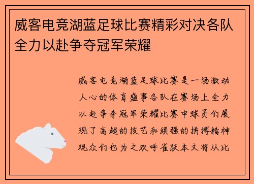 威客电竞湖蓝足球比赛精彩对决各队全力以赴争夺冠军荣耀