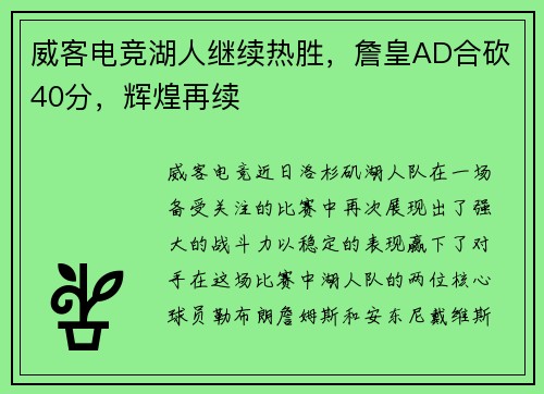 威客电竞湖人继续热胜，詹皇AD合砍40分，辉煌再续