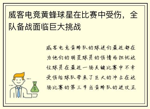 威客电竞黄蜂球星在比赛中受伤，全队备战面临巨大挑战
