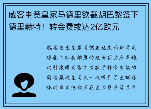 威客电竞皇家马德里欲截胡巴黎签下德里赫特！转会费或达2亿欧元