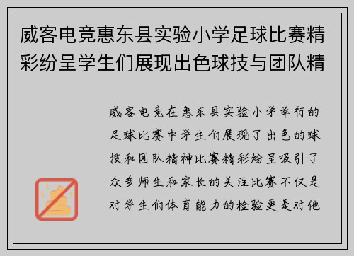威客电竞惠东县实验小学足球比赛精彩纷呈学生们展现出色球技与团队精神