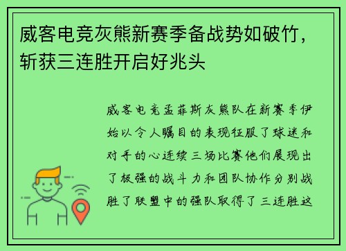 威客电竞灰熊新赛季备战势如破竹，斩获三连胜开启好兆头