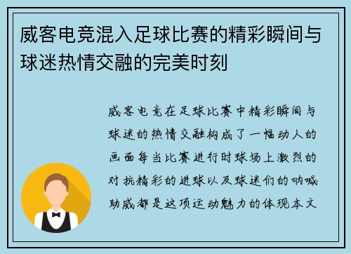 威客电竞混入足球比赛的精彩瞬间与球迷热情交融的完美时刻