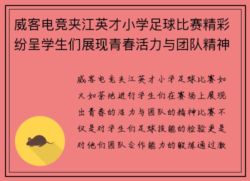 威客电竞夹江英才小学足球比赛精彩纷呈学生们展现青春活力与团队精神