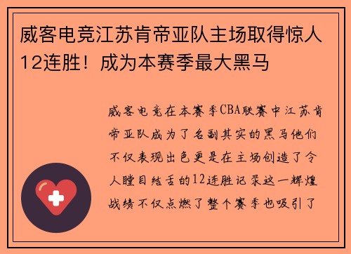 威客电竞江苏肯帝亚队主场取得惊人12连胜！成为本赛季最大黑马