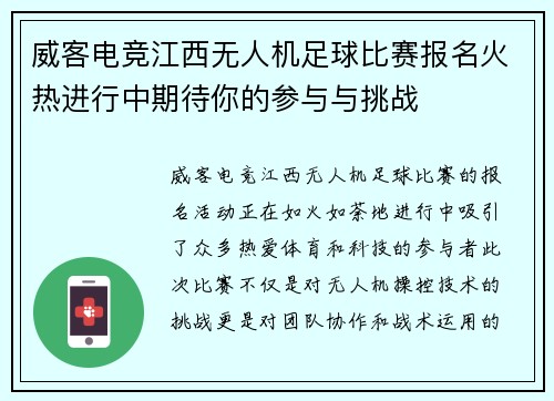 威客电竞江西无人机足球比赛报名火热进行中期待你的参与与挑战