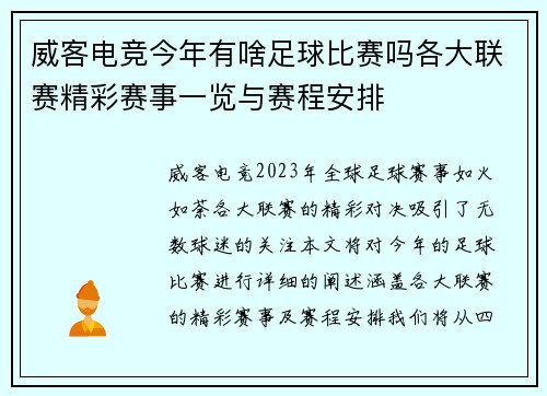 威客电竞今年有啥足球比赛吗各大联赛精彩赛事一览与赛程安排