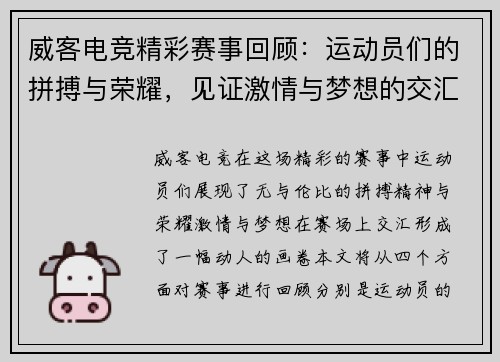 威客电竞精彩赛事回顾：运动员们的拼搏与荣耀，见证激情与梦想的交汇