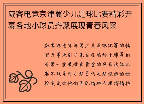 威客电竞京津冀少儿足球比赛精彩开幕各地小球员齐聚展现青春风采