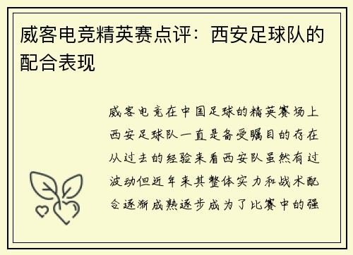 威客电竞精英赛点评：西安足球队的配合表现