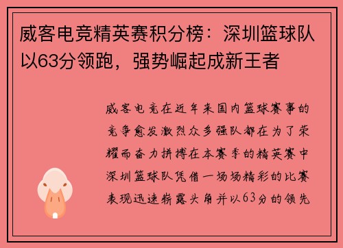 威客电竞精英赛积分榜：深圳篮球队以63分领跑，强势崛起成新王者