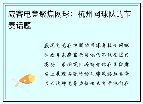 威客电竞聚焦网球：杭州网球队的节奏话题
