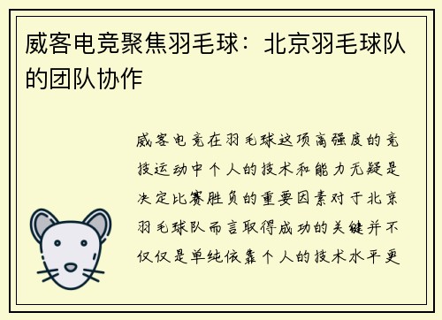 威客电竞聚焦羽毛球：北京羽毛球队的团队协作